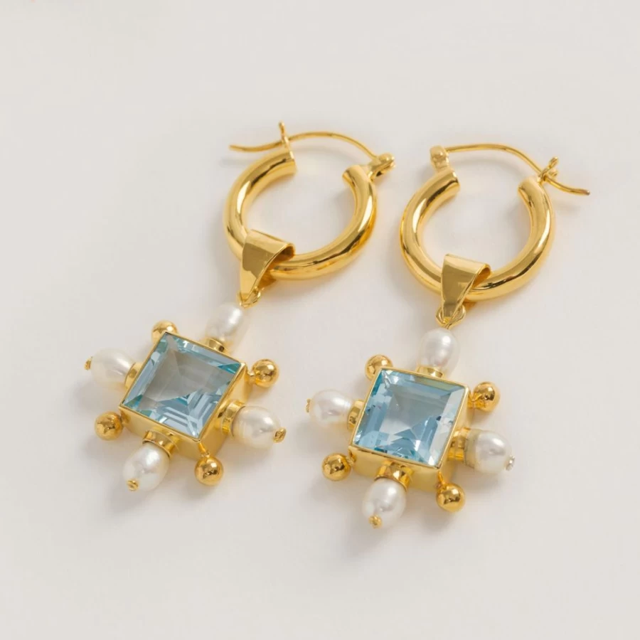 Freya Rose Women's Gold Mini Hoops Earrings with Blue Topaz Cross Pendant - Elegant Dainty Jewelry