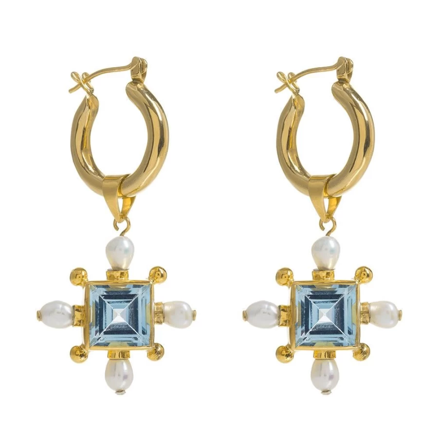Freya Rose Women's Gold Mini Hoops Earrings with Blue Topaz Cross Pendant - Elegant Dainty Jewelry